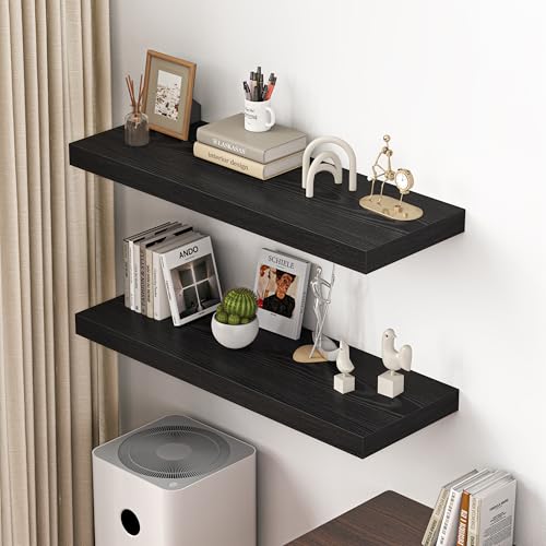 Dreamland 40" Floating Shelves for Wall, 12" Deep Thicker Black Floating Shelves, Wall-Mounted Shelves for Bedroom, Living Room, Kitchen, Bathroom - Set of 2 - color: Black, size: 40"W x 12"D x 2"H, Set of 2