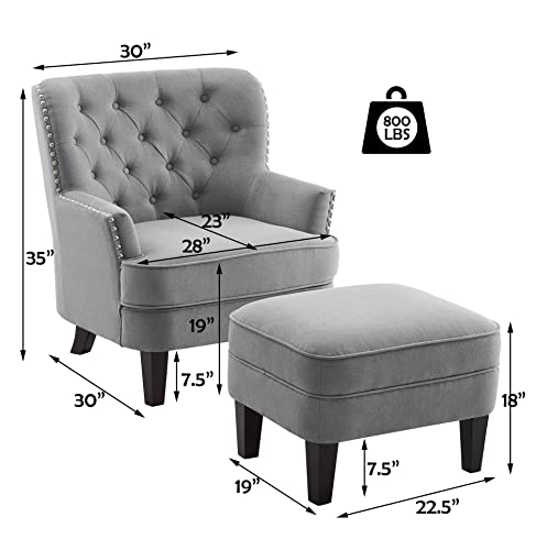 Rosevera Accent Chair and Ottoman Set - Button Tufted Armchair for Living Room, Bedroom, Reading - Mid-Century Modern Lounge Chair Set - Gray - color: Velvet Grey With Ottoman
