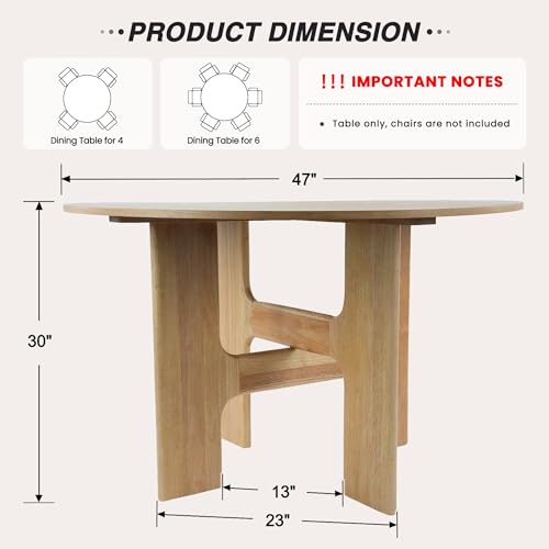 HNY Round Wood Dining Table, 47 Inch, Natural Oak | For 4-6 People, Pedestal Base, Modern Circle Design, Farmhouse Style, for Dining Room, Restaurant, Apartment