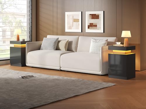 LED Nightstands Set of 2, 17 Inches Night Stand Set 2, Modern Bedside Table with LED Lights, High Gloss Surface, End Table with Storage for Bedroom, Black - color: Black-17"