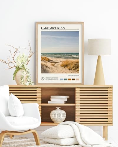 HesenDot Natural OAK Wood Lake Michigan Framed Wall Art,12x16in Natural Scenery Canvas Wall Print,Classic Urban City Landmark Wall Decor for Living Room,Bedroom,Office Gallery Gifts Set of 1 - color: Framed Lake Michigan Oak