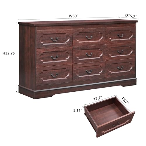 9 Drawer Dresser for Bedroom Cherry Bedroom Dresser 59" Wide Wooden Cabinet | Farmhouse Wood Chest of Drawers , Modern Rustic Drawers Dressers Wooden Closet and Storage Cabinet, Hallway, Living Room - color: Cherry, size: 15.7"D x 59"W x 32.8"H (9 Drawers