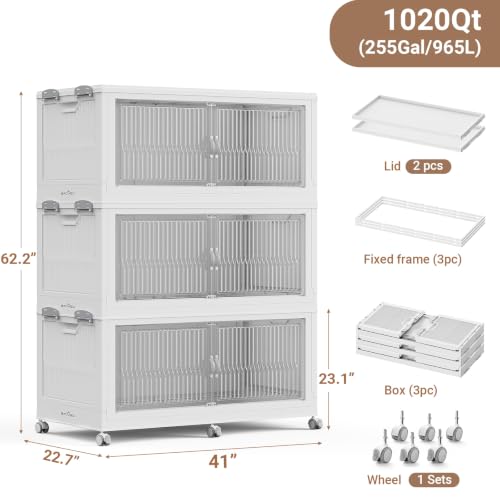 BROVIEW 1020QT Extra Large Stackable Storage Bins with Lid, 3Pack White | 255Gal Plastic Collapsible Cabinets Containers, Wheels & PET Doors, Foldable Closet Organizers Drawers for Office, Dorm - color: White, size: 85Gal-3Pack