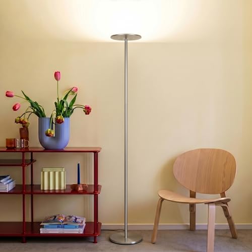 Brightech Sky LED Floor lamp, Torchiere Super Bright Floor Lamp for Living Room Decor & Office - Dimmable, Tall Standing Lamp with Warm Light for Bedroom & Reading - Brushed Nickel - color: Brushed Nickel