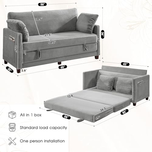 65" Convertible Loveseat Sofa Bed, 2-in-1 Folding Sofa Bed with 2 Pillow for Small Spaces, Modern Loveseat Sleeper Couch for Apartment, Living Room & Guest Room (Corduroy Light Grey, 65 inch) - color: Light Grey, size: 65"