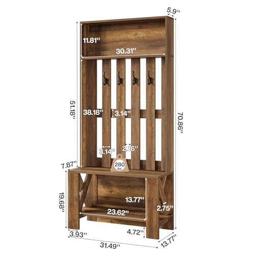 Tribesigns Hall Tree with Bench and Shoe Storage, Farmhouse Entryway Bench with Coat Racks, 70.8" Tall Wooden Freestanding Coat Rack with shoe storage and 4 Hooks for Mudroom, Hallway, Bedroom, Brown