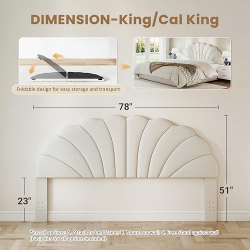 King Size Headboard Only, Velvet Petal Wall Mounted, Cream | 2 installation options: 1.bed frame mount 2.wall mount (for adjustable bed), Easy to install, Elegant and unique design - color: Velvet-cream, size: King/California King
