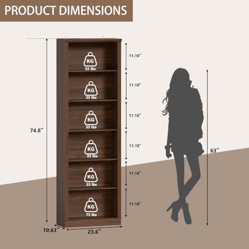 Thacuok 75" Tall Bookshelf & Bookcase, 6-Tier Adjustable Storage Shelves, Book Shelf with Anti-Tipping Device, Floor Standing Modern Display Rack for Living Room, Bedroom, Office, Walnut - color: Walnut