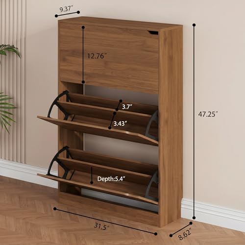 Shoe Storage Cabinet, Wood Shoe Organizer for Entryway with 3 Flip Drawers, Freestanding Shoe Rack with Adjustable Shelf, Narrow Shoe Dresser for Front Door Entrance (Walnut, Standard 3 Drawers) - color: Walnut, size: Regular 3 Drawers