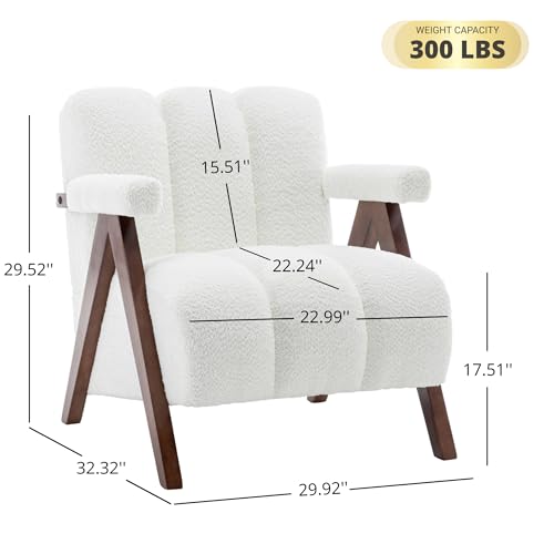 Mid Century Modern Accent Chair with Solid Wood Frame, Boucle Upholstered Living Room Chairs with Thick Cushion, Comfy Tufted Arm Chair for Bedroom, Ivory - color: Ivory, size: 1-seater
