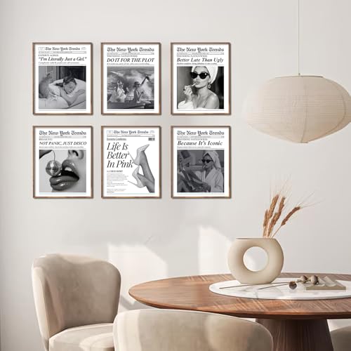 uniro Trendy Newspaper Wall Art Prints, Vintage Black & White Newspaper Wall Decor Aesthetic Pictures, Retro Girly Dorm Room Decor, Funky Bathroom Wall Decor Disco Poster for Teen Girl Bedroom Apartment, Bar Cart decor - Unframed - color: Newspaper