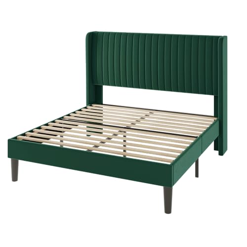 Allewie Full Size Bed Frame/Velvet Upholstered Platform Bed/Vertical Channel Tufted Wingback Headboard/Strong Wooden Slats/No Box Spring Needed/Easy Assembly/Green - color: Green, size: Full
