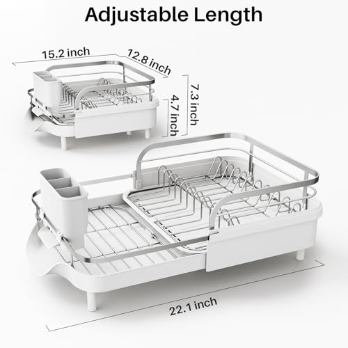 SNTD Expandable Dish Drying Rack for Kitchen Counter, 15.2-22.1 in, White | Rust-Resistant Stainless Steel, Protective Side Rails, Self-Draining Drainboard, Removable Utensil Holder - color: White