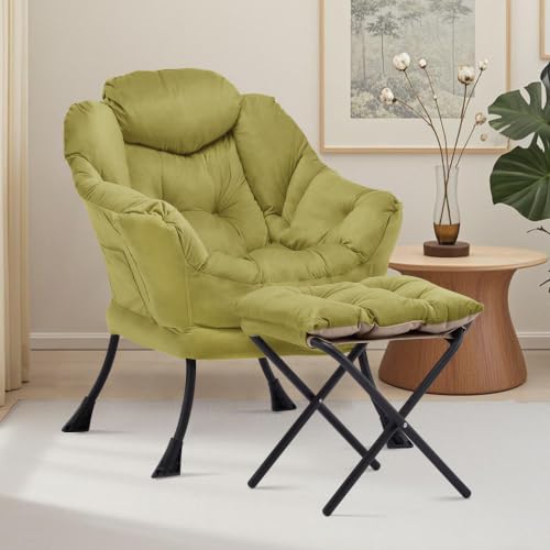 Lazy Chair with Ottoman, Comfy Reading Chair, Olive Green | Cushioned Seat with Foldable Ottoman and Side Pocket, Lounge Chair for Bedroom, Living Room, Dorm and Small Spaces - color: Sage Green