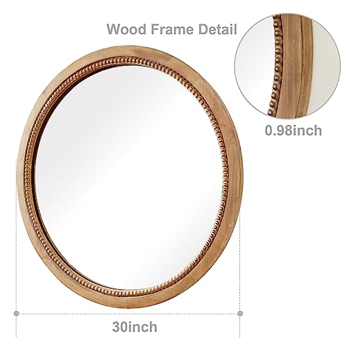 sawsile Round Wood Mirror,30 inch Circle Rustic Farmhouse Natural Wooden Frame Boho Beads Wall Mirror for Bathroom,Living Room,Bedroom or Entryway - color: Nature, size: 30"L x 30"W