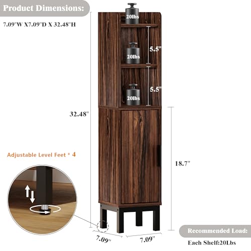 FerniTry Small Bathroom Storage Cabinet, Corner Floor Cabinet with Door and Shelves, Narrow Toilet Paper Cabinet, Bathroom Organizer with Adjustable Shelf, for Small Spaces (Walnut) - color: Walnut, size: 4-Tier