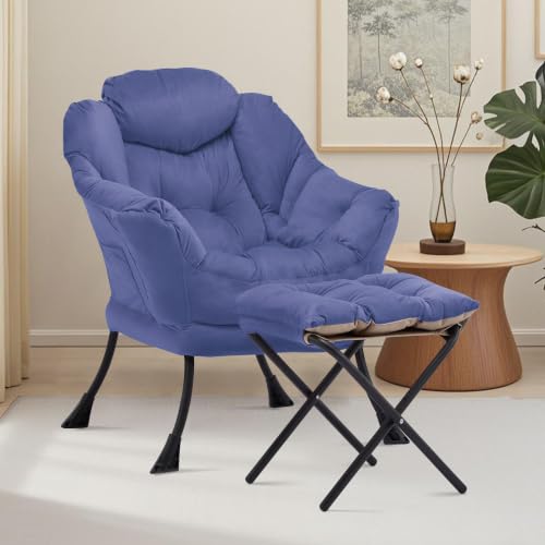 Lazy Chair with Ottoman, Comfy Reading Chair, Dark Blue | Cushioned Seat with Foldable Ottoman and Side Pocket, Lounge Chair for Bedroom, Living Room, Dorm and Small Spaces - color: Darkblue