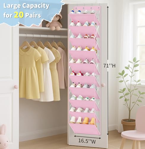 AOODA 10 Tier Clear Over the Door Shoe Organizer Storage, Deep Pockets Large Hanging Shoe Rack for Closet Door, Fit 20 Pairs Shoe Holder Hanger for Sneakers, Boots (Pink) - color: Pink, size: 71"