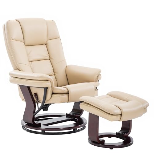 Swivel Recliner Chair with Ottoman Reclining Lounge Sofa Footrest, Set of 1 | 360°Sturdy Wood Base, Soft Faux Leather, Upholstered Ultra-Plush Foam, Modern Armchair, Living Room Bedroom Office Reading - color: Beige, size: Set of 1