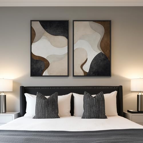 Large Framed Neutral Abstract Minimalist Wall Art Set of 2, Modern Canvas Prints Paintings Artwork for Walls, Black Beige Brown Abstract Art Pictures for Living Room Dining Bedroom Wall Decor 24x36 In - color: Fluid Shapes, size: 24" W x 36" H x 2Pcs