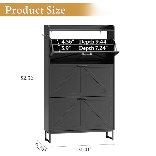 Shoe Cabinet Storage for Entryway, Shoe Storage Cabinet with 3 Flip Drawers, Freestanding Narrow Shoe Rack Organizer with Metal Legs & Side Hook for Foyer, Hallway, Black - color: Black, style: 3 Drawers