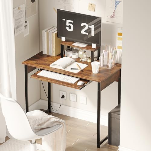 ALISENED Computer Desk with Keyboard Tray and Monitor Stand, 37.5 Inch Small Desk with Power Outlets & USB Ports for Bedroom Home Office, Compact Gaming Desk Shelf, Brown (Brown, 37.5") - color: Brown, size: 37.5"