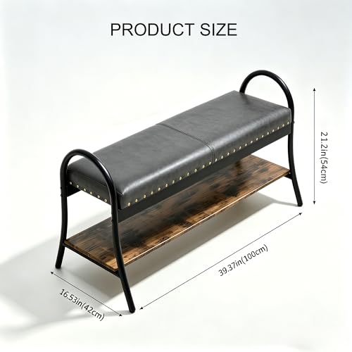 Forteek 39.4'' Shoe Storage Bench, Entryway Bench with Storage Shelf | Faux Leather Padded Seat with Nailhead, Metal and Wood Shoe Rack Bench for Hallway, Entryway, Living Room, Easy Assembly - color: Grey