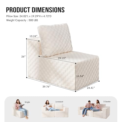 Hobestluk 1 Seat Large Sofa with L Shape Memory Foam Cloud Couch Sofa | PLUSH WHITE,Single,Cozy Fabric,No Assembly,Cloud Chair,With Pillows,For Livingroom Bedroom,Free Combination - color: Snow White, size: Single