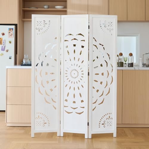 66.9Inch Wooden Room Partition - 3 Panels Boho-Styled Space Room Divider for Home/Office, Headboard & Yoga/Photo/Video Call Backdrop (White) - color: White, size: 3 Panels