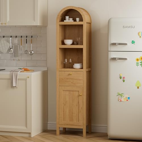 67" Tall Arched Bathroom Narrow Storage Cabinets Set of 2 with Adjustable Shelf, Farmhouse Freestanding Tower Cabinet with Door and Drawer for Kitchen, Living Room, Natural Oak - color: Natural Oak, size: 2 PCS