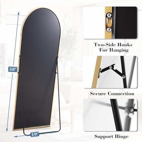 NEWBULIG Arched Full Length Floor Mirror 58"x19", Body Standing Mirror | Wall Hanging or Leaning, Shatter-Proof Glass, Aluminum Alloy Frame with Stand, Home Decor Bedroom, Gold - color: Gold-arched, size: 58"L x 19"W
