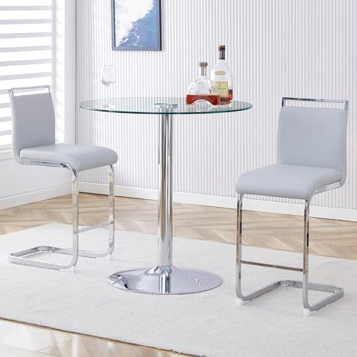 gopop 3 Piece Dining Table Set for 2, Modern Round Glass Counter Height Pub Table, Compact High Top with Bar Stools Pub Dining Set for Kitchen, Breakfast Room, Dining Room. (Light Grey, 3 Piece) - color: Light Grey