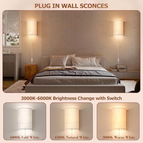 OCATO Plug in Wall Sconces Set of Two Wall Lights Lamp with On/Off Switch | 3000K 4500K 6000K Selectable Fixtures Fabric Linen Shade Wall Decor Wall Lights for Bedroom Living Room Hallway Indoor - color: Beige