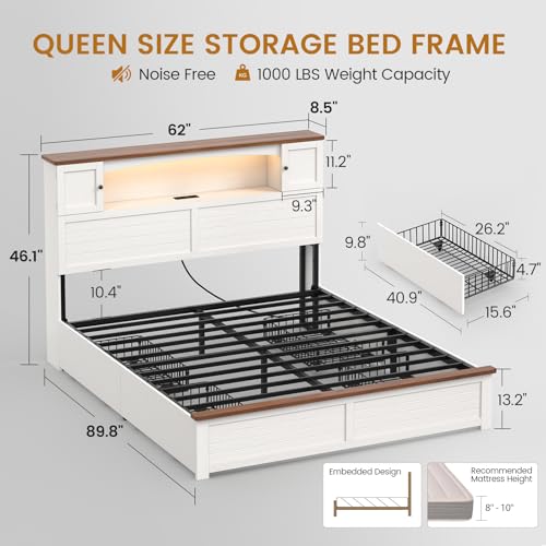 MSmask Farmhouse Queen Bed Frame with Bookcase and Storage Cabinets Headboard, Wood Platform Bed with LED Lights, Charging Station, 4 Drawers, Decoration Footboard, No Box Spring Needed, White - color: White, size: Queen