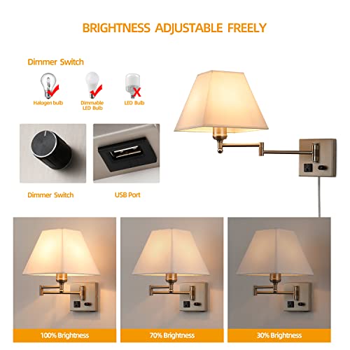 Plug in Wall Light,Swing Arm Wall Sconces with USB Port and Outlet,Wall Lamp with White Fabric Shade Dimmable Switch for Bedroom, Living Room , Office Nickel - color: Sand Nickel