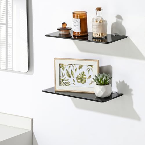 SAYAYO Glass Floating Shelves for Wall, Tempered Glass Shelves for Bathroom | Living Room, Bedroom, Office, Toilet, Kitchen Decor, 12 Inch Set of 2, Black - color: Black, size: 2 PCS