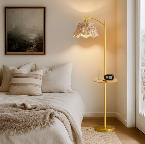 Floor Lamp with Table for Bedroom, Boho Standing Lamps with Foot Switch, Farmhouse Floor Lamp for Living Room, Arc Rattan Lamps with Gold Metal Base & Pole, Ideal for Home Décor - color: Gold and Wood