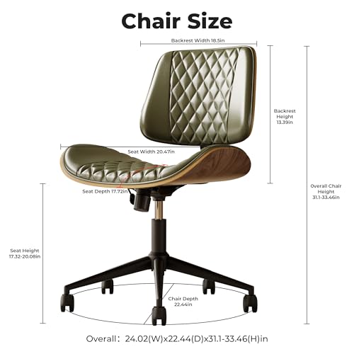Armless Desk Chair with Wheels, PU Leather Rolling Office Chair, Adjustable Height Mid Back Computer Chair, Ergonomic Walnut Curved Seat, 360° Swivel Home Office Chair for Small Spaces(Half-Green) - color: Half-green