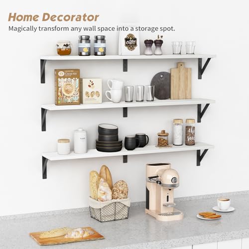 Forbena White Floating Book Shelves for Wall, 36 Inches Long Wall Shelves with Metal Brackets for Bedroom, Large Floating Bookshelf Bookshelves for Living Room Office Classroom (White Wood) - color: White, size: 36“ x 8” Wall Shelf
