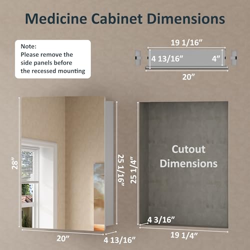 20 x 28 Recessed Medicine Cabinet with Mirror for Bathroom, Silver | Wall Mounted Cabinet for Storage, Adjustable Glass Shelves, Soft-close DTC Hinges, HD Reflection, Pre-assembled, Aluminum - color: Silver, size: 20x28