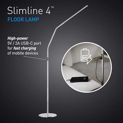 Daylight Slimline 4™ LED Floor Lamp in Brushed Steel - 6,000K, 3,200 Lux, 4 Brightness Levels, USB-C Charging Port, Anti-Glare Diffuser, Flexible Design, Art & Craft, Sewing, Nail Salon - color: Brushed Steel, size: Floor Lamp, style: Slimline 4