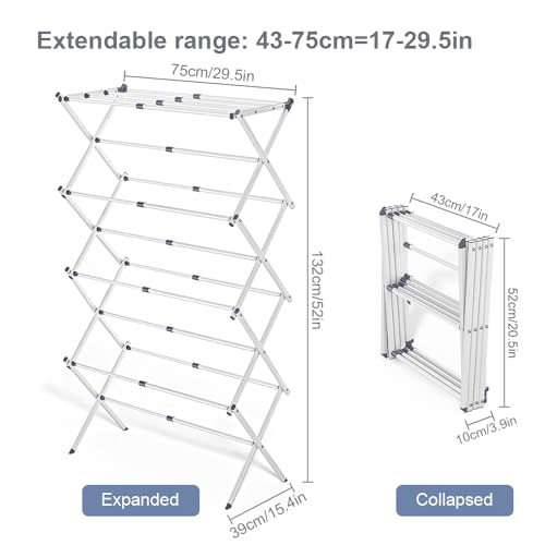 4-Tier Foldable Clothes Drying Rack 15" D x 29" W x 52" H - White | Portable Extendable Laundry Drying Rack for Indoor Air Drying Clothing with 4 Hangers - size: 4-Tier