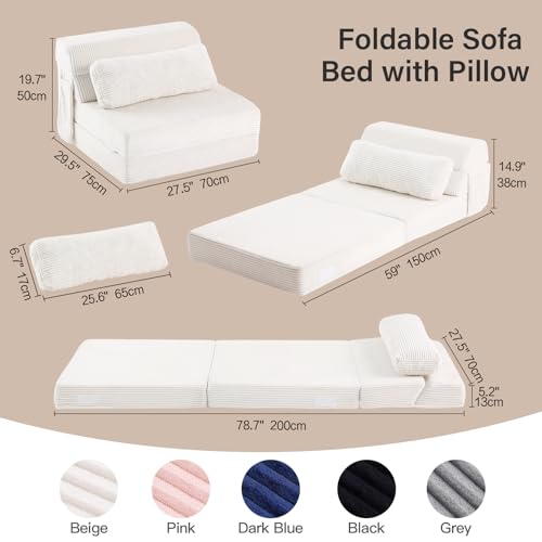 Folding Sofa Bed with Pillow, Convertible Sleeper Chair, Comfy Floor Futon Couch Mattress Lounge Sofa for Adults Portable Fold Out Chair Bed for Living Room Bedroom, Single, Beige - color: Beige