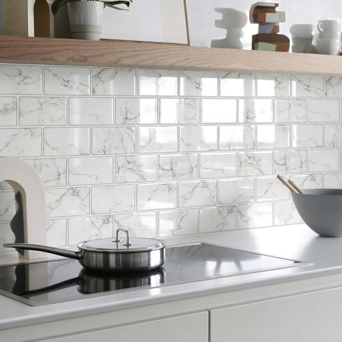 STICKGOO Subway Tile Peel and Stick Backsplash, Thicker Design 12" x 12" Stick on Backsplash Tiles for Kitchen, Bathroom, Wall Tile (10 Sheets, Grey Marble Look) - color: Grey Marble