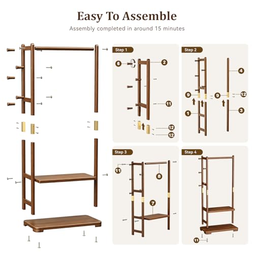 Coat Rack Solid Wood Hall Tree Storage 2 Shelves 5 Hooks | Entryway hallway bedroom, durable solid wood construction, freestanding storage design, coats hats bags wallets - size: Walnut - L:26''D x 14.2 ''Wx 64.6 ''H(No Wheels)