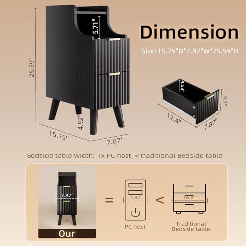 EAG Fluted Narrow Nightstand, Skinny Bedside Table with 2 Drawers, Black | Wooden Small End Table for Small Spaces, Mid Century Modern Night Stand, Slim End Table for Bedroom - color: Black, size: 8" W