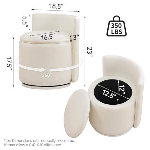 WUTUTUEE Leather Vanity Chair with Storage, 360° Swivel Makeup Chair with Pleated Back, No Assembly Small PU Accent Stool for Bedroom, Dressing Room, Living Room, White - color: Beige-pu, size: Regular