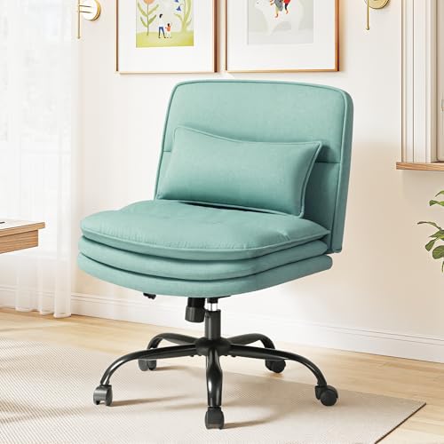 Furmax Criss Cross Legged Office Chair with Wheels, Armless Extra Wide Seat Swivel Desk Chair, Adjustable Height Comfy Task Chair with Thick Cushion for Home Office Bedroom Vanity (Fabric, Green) - color: Green
