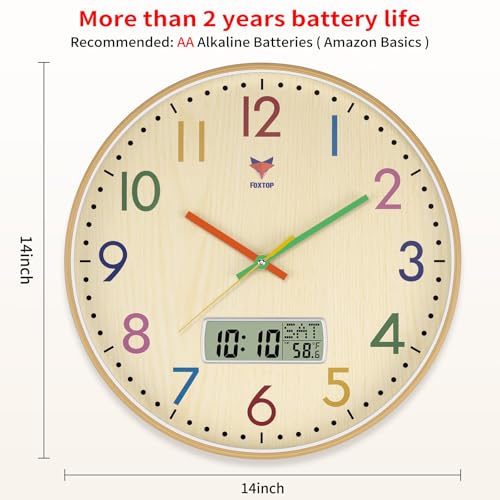 Foxtop Digital and Analog Learning Clock for Kids - Telling Time Teaching Clock 14 Inch Silent Non-Ticking Battery Operated Kids Wall Clock for Kids Room Playroom Nursery Classroom School - color: Colorful, size: 14 Inch