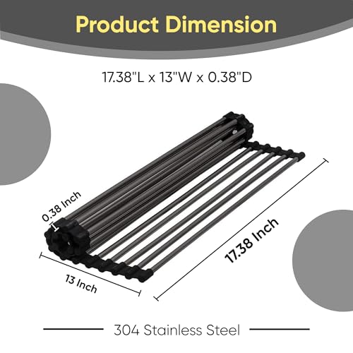 Strictly Sinks Stainless Steel Roll Up Dish Drying Rack – Black 17 Inch Over The Sink Drying Rack Ideal for Workstation Sinks Only – Multipurpose Foldable Kitchen Dish Rack (17-3/8″ x 13″ x 3/8″) - color: Black, size: 17 Inch